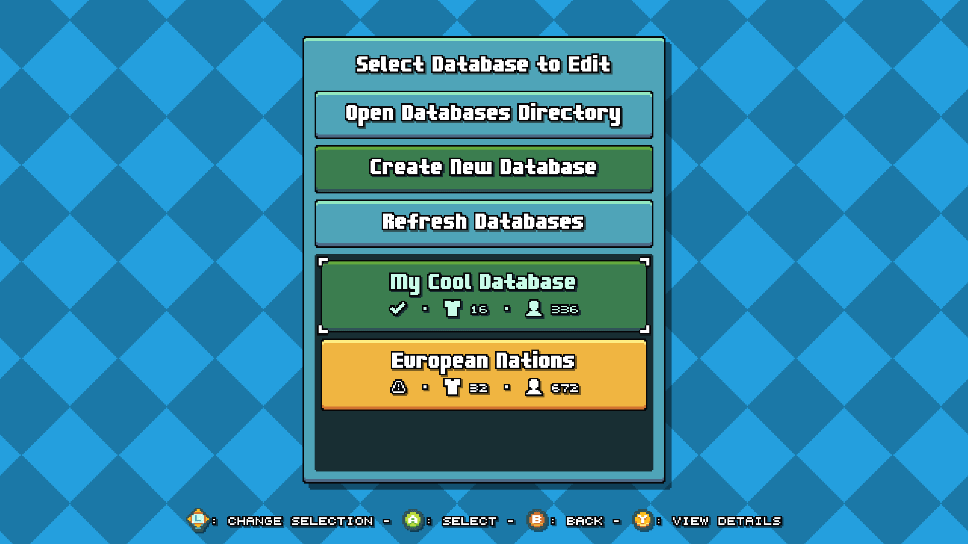 Screenshot of the database management screen in Bang Average Football.