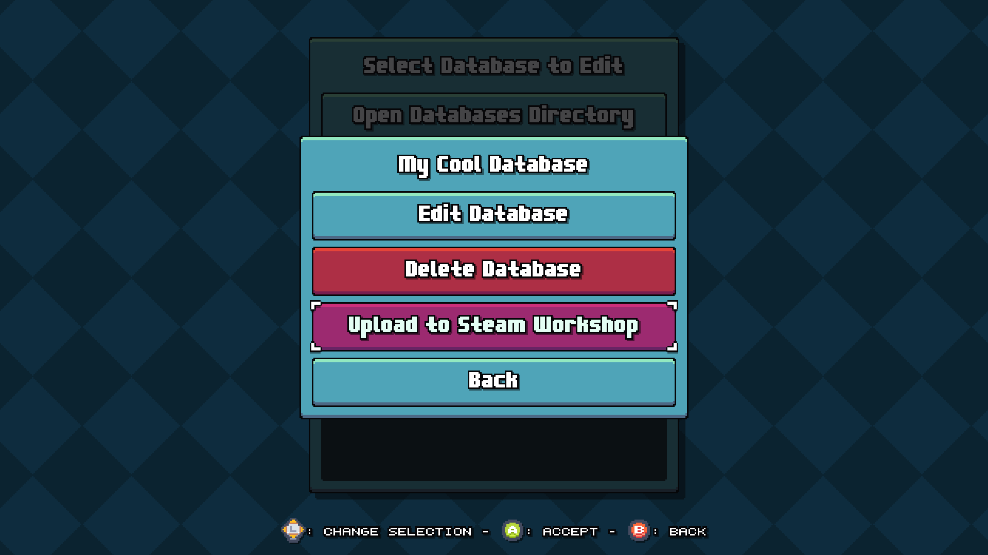 Screenshot of a settings modal for a custom database in Bang Average Football.