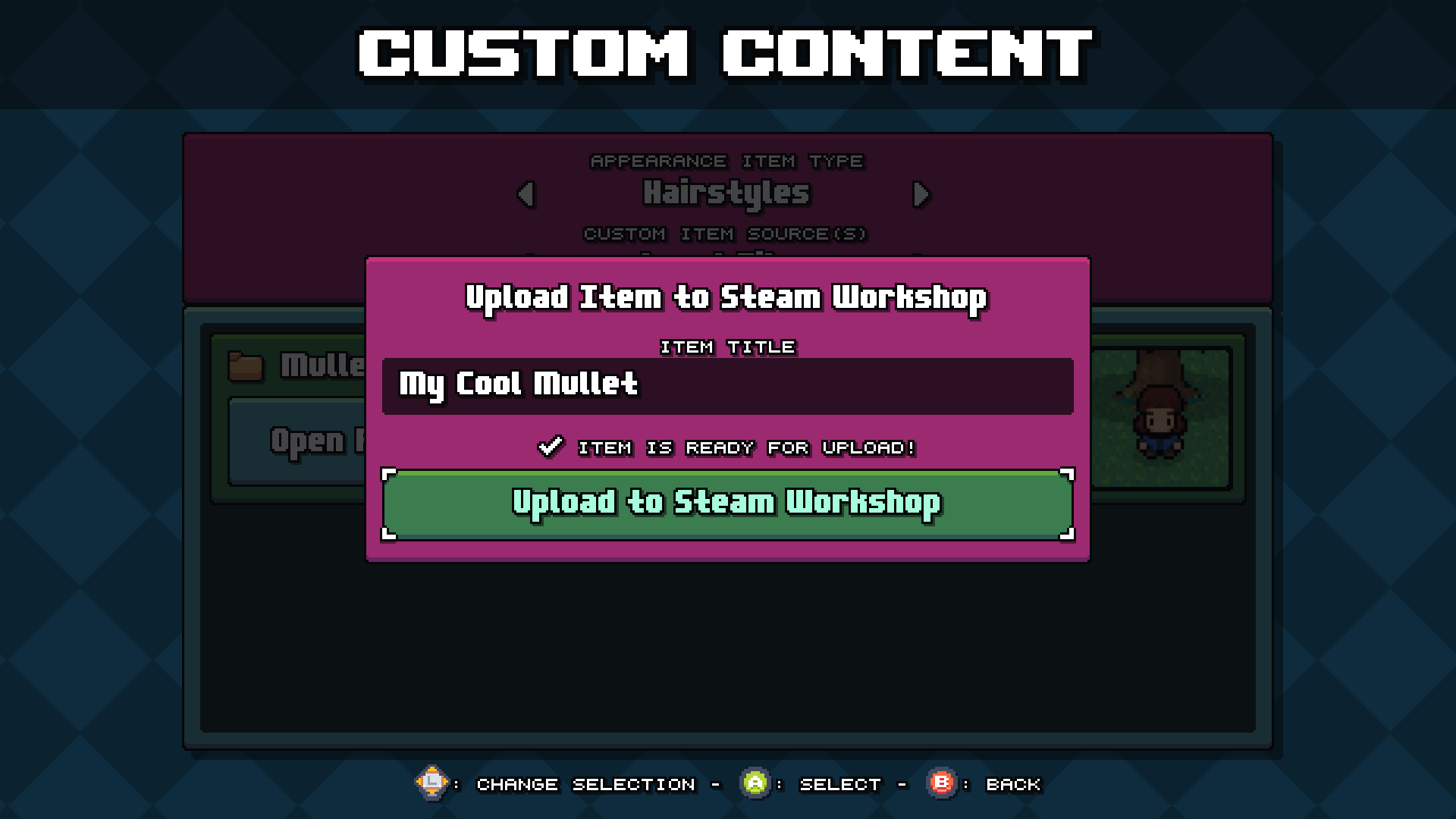 Screenshot of the 'Upload Item to Steam Workshop' modal in Bang Average Football.