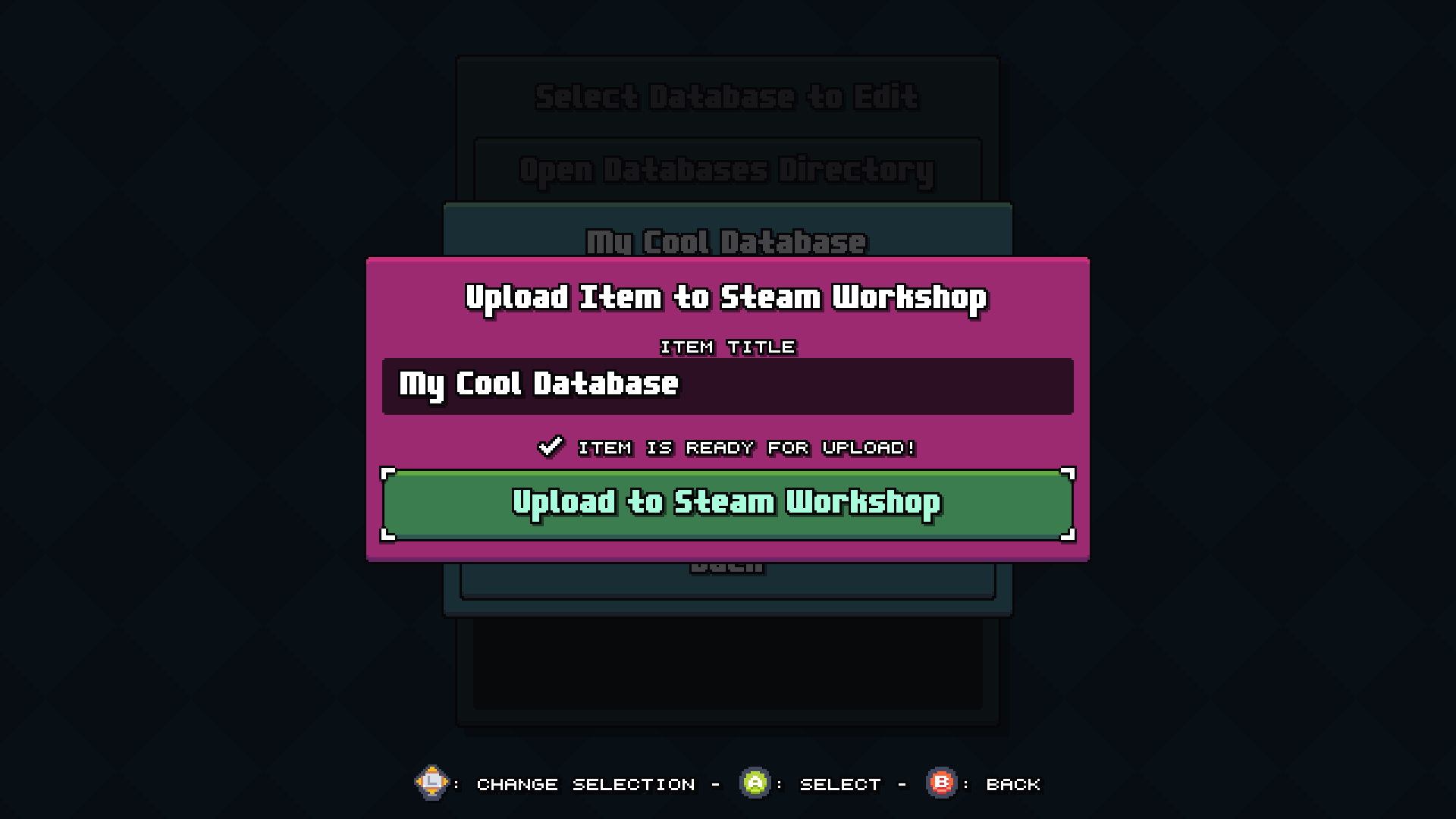 Screenshot of the 'Upload Item to Steam Workshop' modal in Bang Average Football.