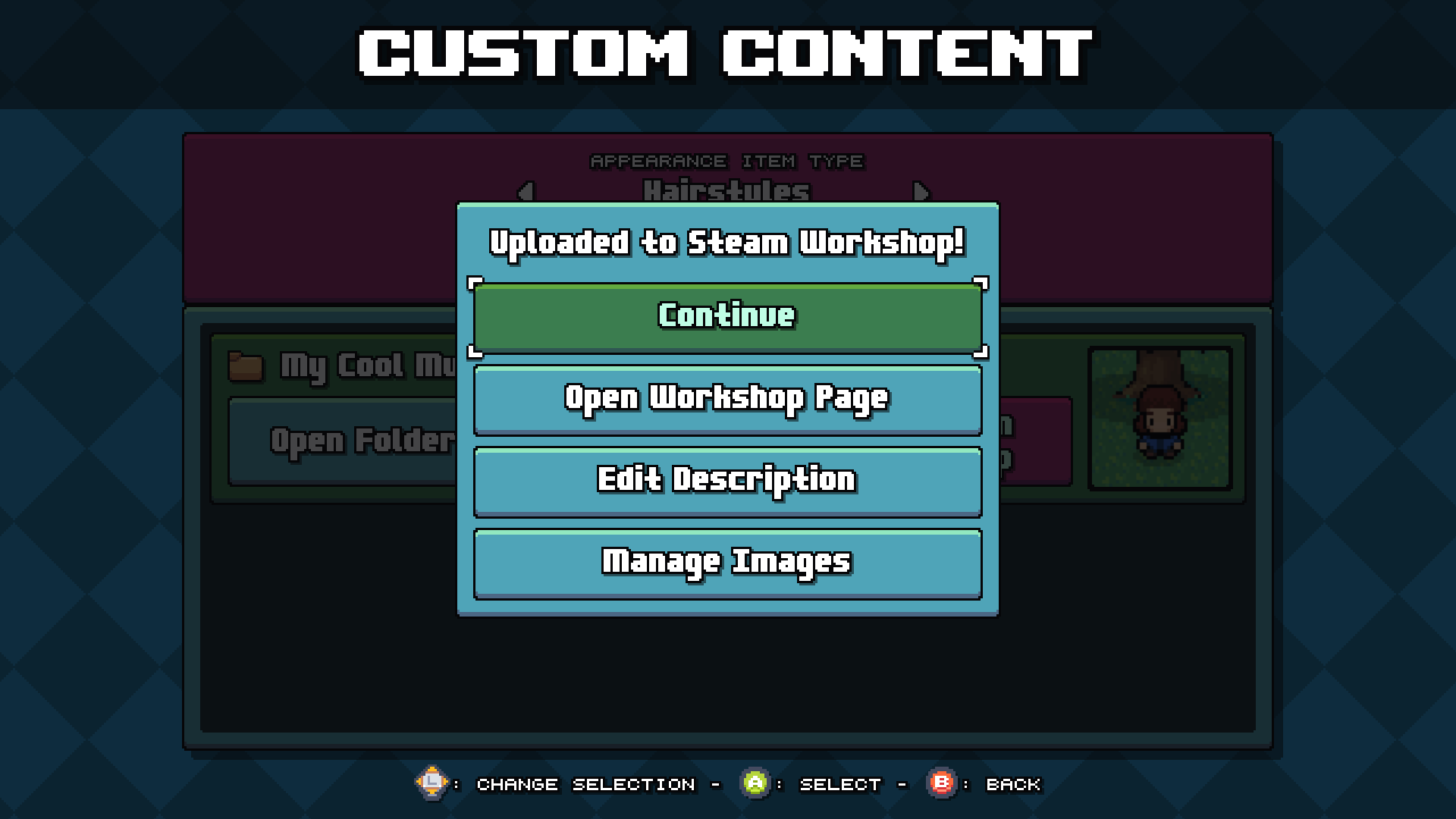 Screenshot of the 'Uploaded to Steam Workshop!' modal in Bang Average Football.