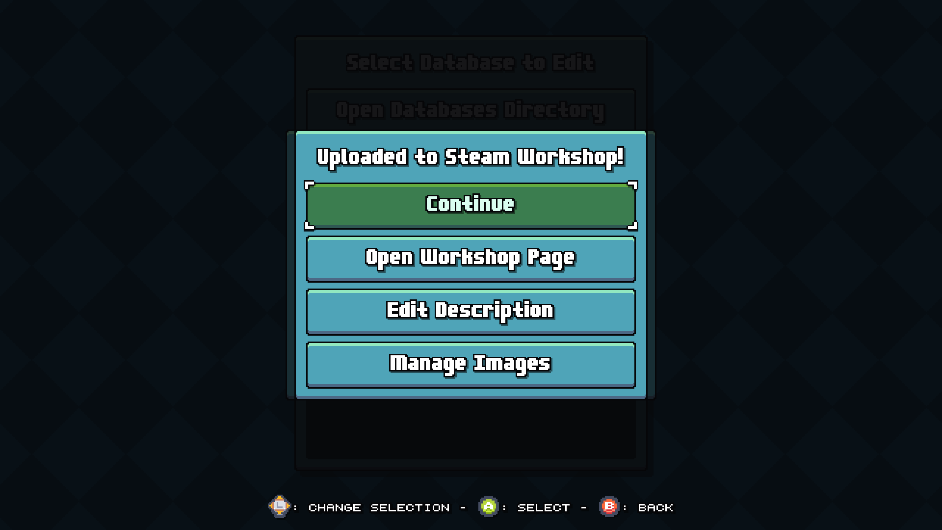 Screenshot of the 'Uploaded to Steam Workshop!' modal in Bang Average Football.